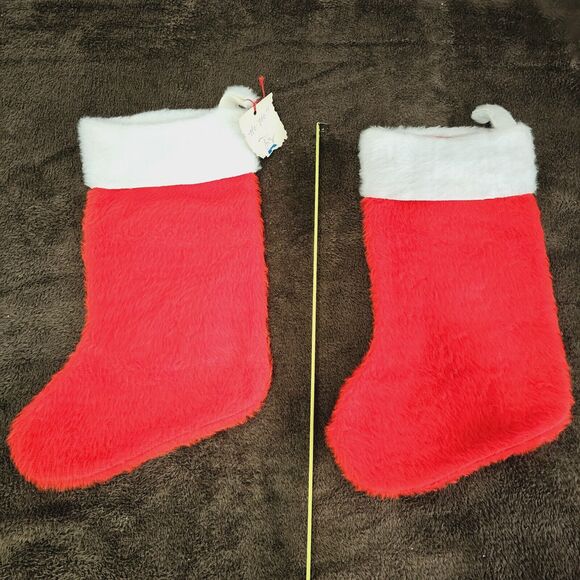 2 Vintage Fuzzy Christmas Red Stockings Angel & Mouse Felt Appliqué Handmade 70s - Picture 2 of 7